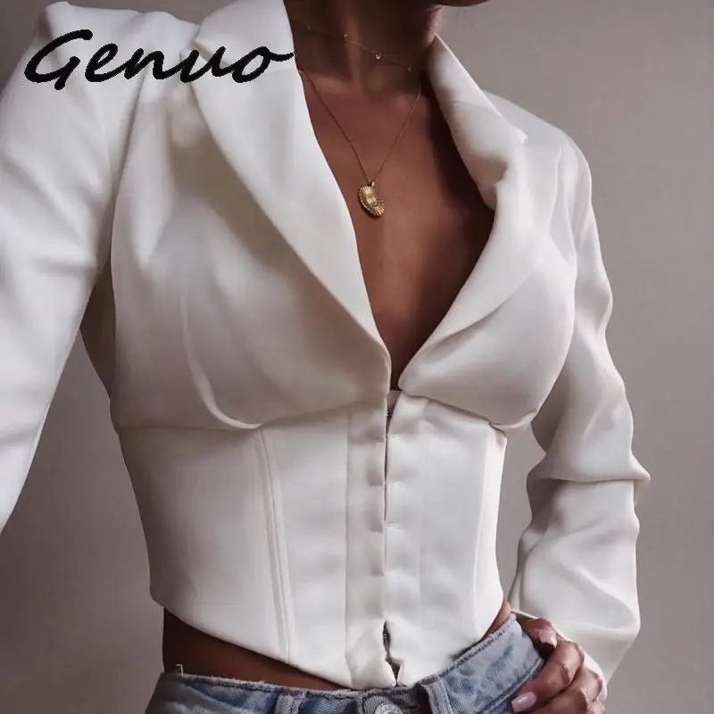 

Sexy Deep V-Neck Women Jacket Suit White Long Sleeve Short Hook Jackets Female Outwear High Street Party Coat