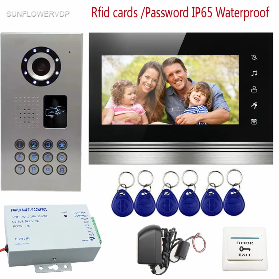 

SUNFLOWERVDP Rfid/Code Video Doorbell Intercom IP65 Waterproof Video Doorphone Systems Color 7"Lcd Video Intercom System Unit