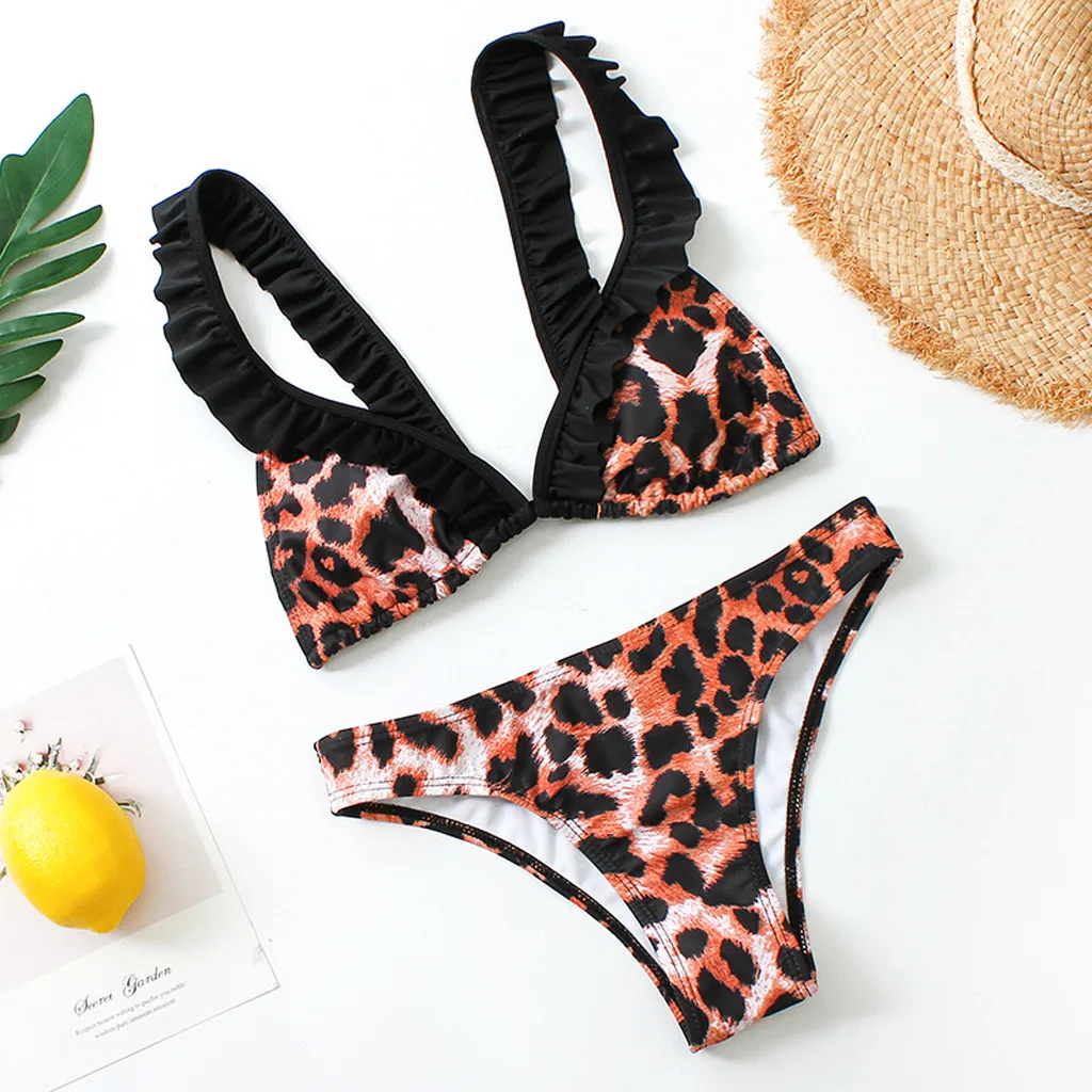 

Women Summer Brown Print Leopard Bikini Push-Up Pad Swimwear Ruffle Beach Bathing Mid Waist Swimsuit Padded Bra Split Beachwear