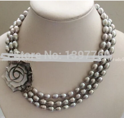 

Miss charm Jew.424 Women's Jewelry Fashion 3 Rows 8-9MM Gray Akoya Pearl Necklace AAA