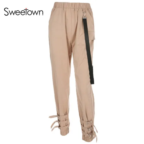 Sweetown Harajuku Punk Rock Cargo Long Pants Women Street Style Pantalon Femme Streetwear Khaki Elastic High Waist Harem Pants - Цвет: khaki