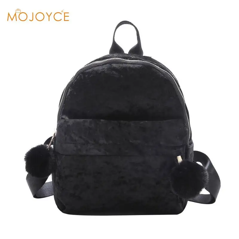 

Women Small Velvet Backpack Preppy Hair Ball Shoulder Travel School Rucksack Students Travel Solid Backpacks Mochila Feminina