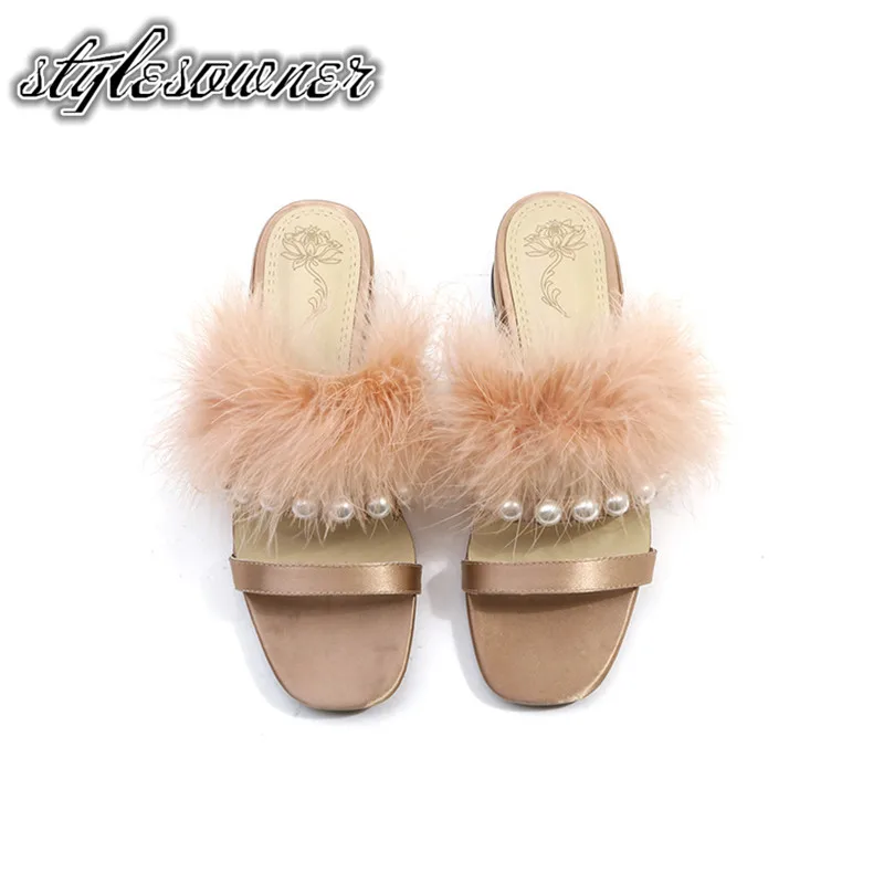 

Stylesowner Fashion Personality with Pearl Fur Woman Sandals Silk Solid Color Low Heels Sweet Casual Sandals Hollow out Shoes
