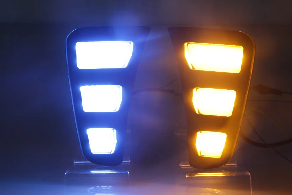 

eOsuns led drl daytime running light for kia pegas with moving yellow turn signals and blue night running light