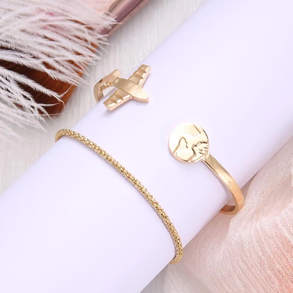 

2Pcs/Set Women Map Plane Open Bangle Bracelet Wrist Chain Decorative Jewelry New
