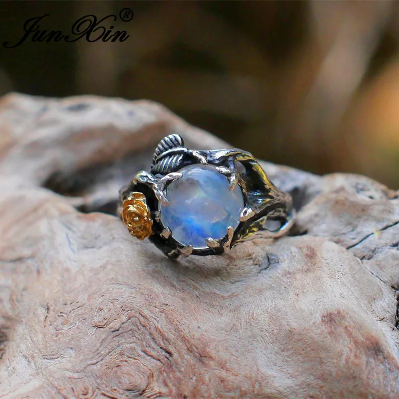 

JUNXIN Mystical Fire Opal Rings For Women Antique Silver Color Rose Flower Tree Leaf Charm Moonstone Ring Female Daily Jewelry