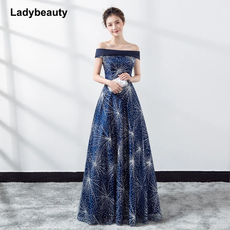 

Ladybeauty 2019 Navy blue Luxury Satin Lace Flower Long Evening Dress The Princess Married Banquet Party Prom Dress