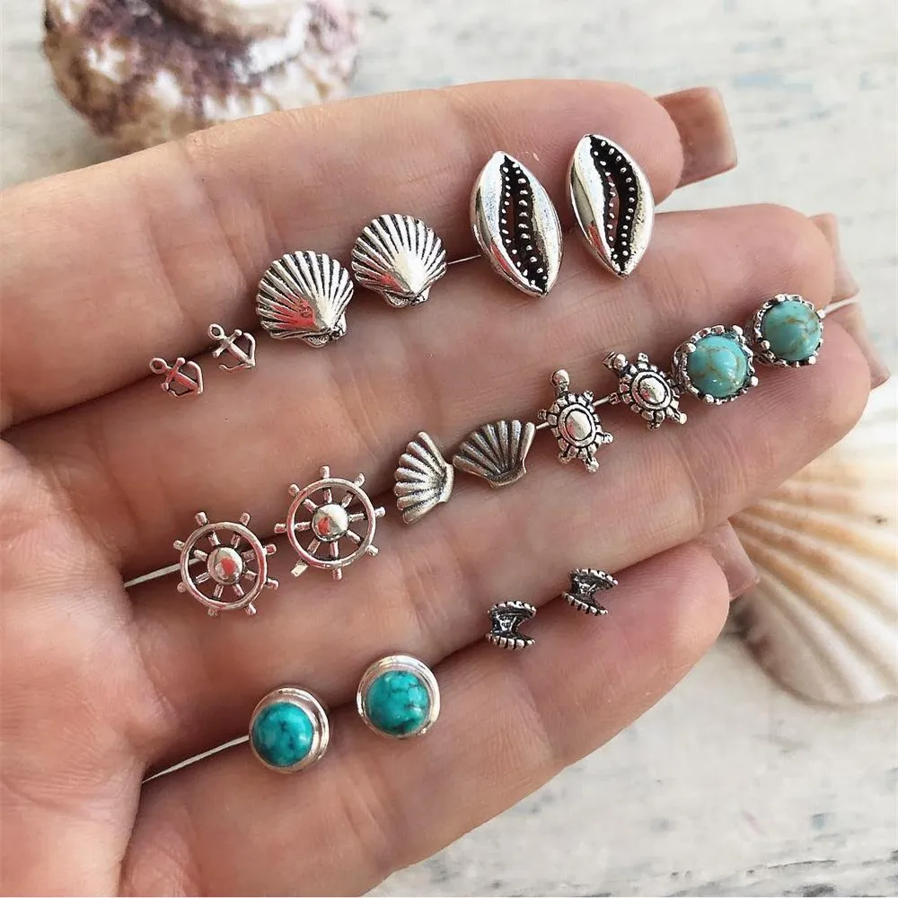 

2019 new punk style earrings silver earrings shell shape turtle ferris wheel round mosaic female earrings fashion jewelry B434