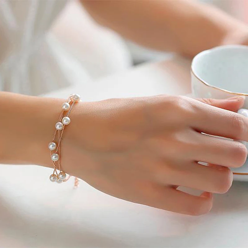 

Simple Sweet Simulated Pearl Bracelets For Women Fashion Double Layer Jewelry Bijoux Cute Bracelets & Bangles
