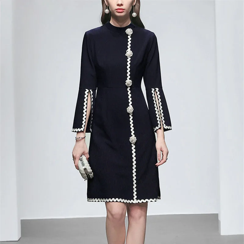 

High Grade Designer Runway Dress 2019 Women Fashion Spring Dreses Elegant Embroidery Pearls Beading Simple Office Party Dresses