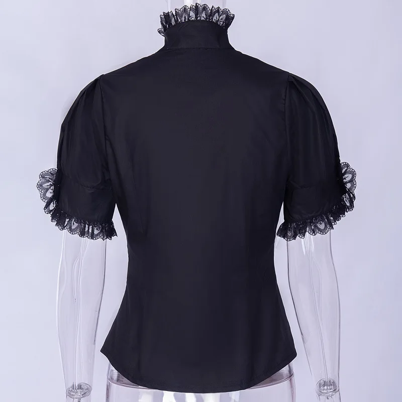 Готическая темно-черная рубашка Женская водолазка с кружевными вставками с пышными рукавами Готическая рубашка черная Harajuku женская летняя рубашка