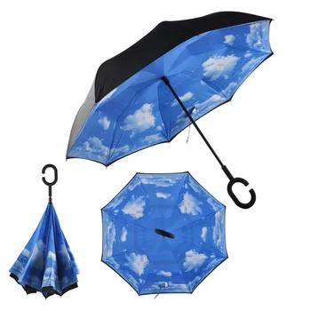 

Windproof Reverse Folding Double Layer Inverted Umbrella Self Stand Inside Out Rain Protection C-Hook Hands for Women Children