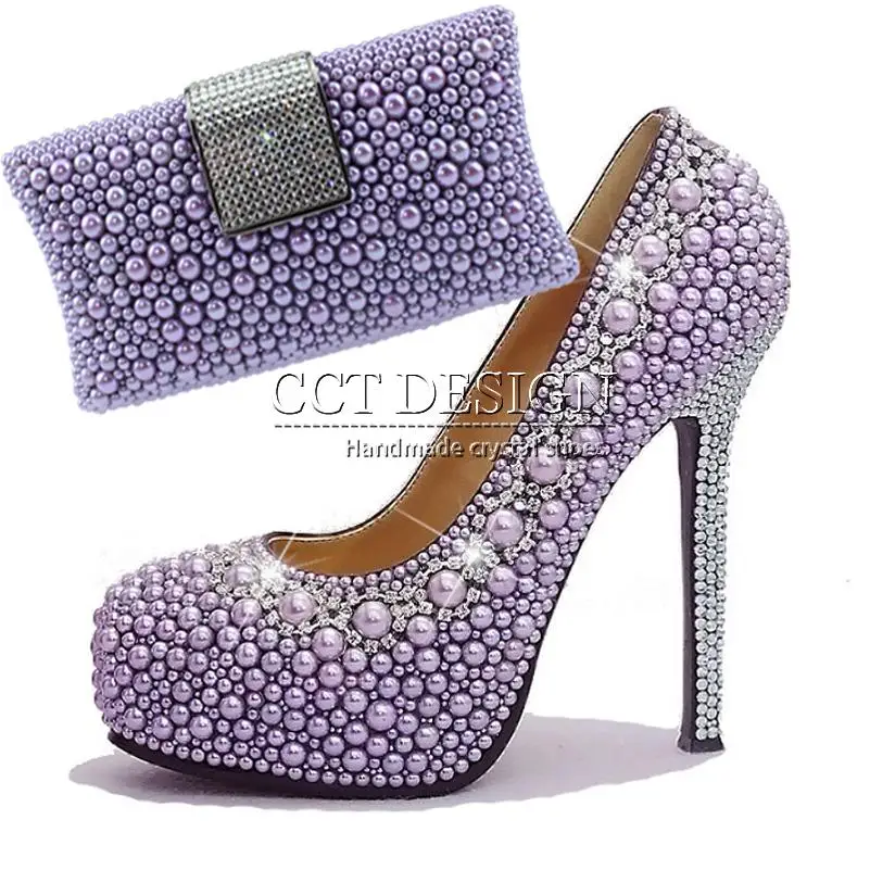 

Fashion Women Extreme High Heels Unusual Purple Pearl Platform Wedding Italian Shoes With Matching Bags Bridesmaids Pumps
