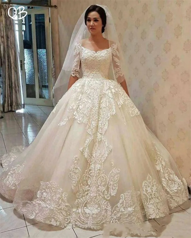 

Princess Half Sleeve Lace Tulle Vintage Wedding Dresses Wedding Gowns 2019 New Fashion Custom Made DW283