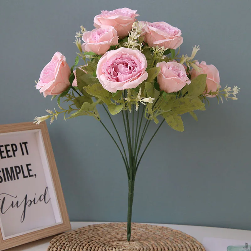 Flone High Quality Silk 12 Head Rose Bouquet Fake Flowers Artificial Flowers Tea Rose Wedding Living Room Decoration Accessories (22) - 