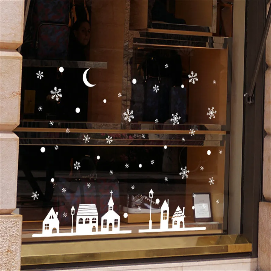 

2018 Christmas Window Stickers 1pc Christmas Shop Decoration Wall Stickers XMAS Snowflakes Town Snowflakes Wall Stickers 30