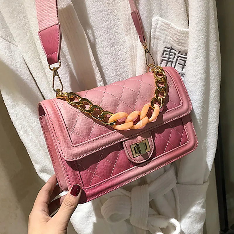 

2019 Spring Gradient Color Thick Chain Bags Wide Shoulder Strap Plaid Quilted Flap Bag PU Leather Flap Shoulder Messenger Bags