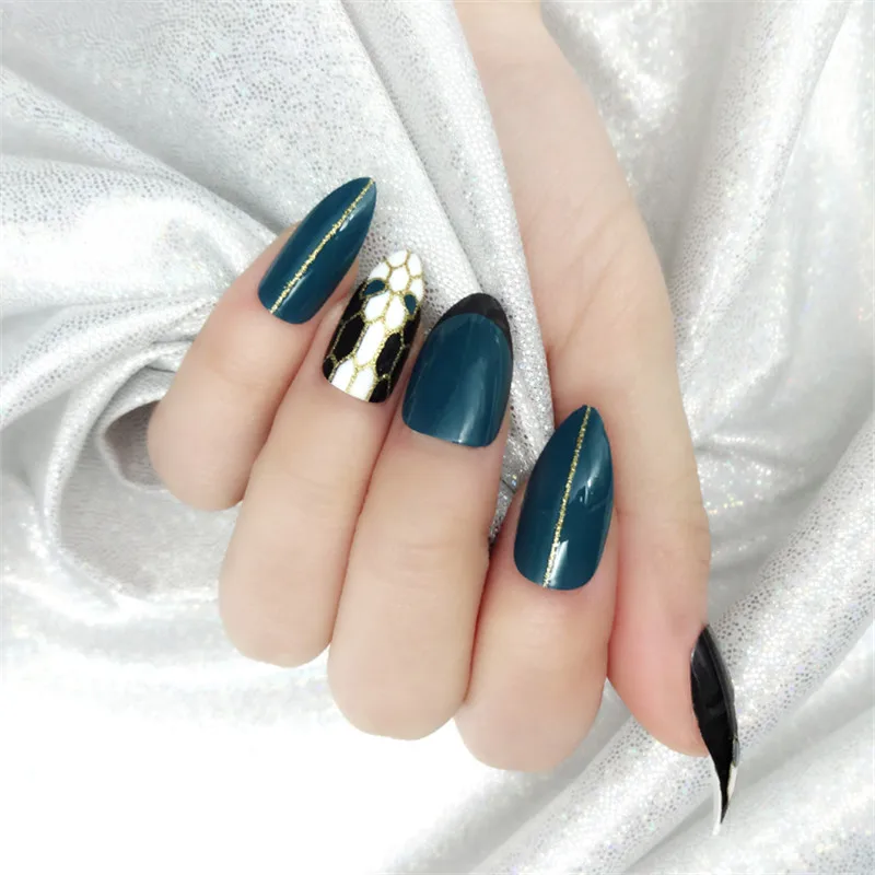

24PCS Long Stiletto False Nails with Designs Snake Fake Nail Tips ABS Finger Nail Art DIY Decoration