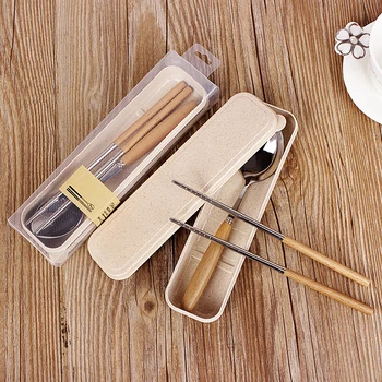 

Soup Scoop Chopsticks Box Wood Handle Stainless Steel Student Flatware Dinner Tools Japanese Portable Travel Cutlery Tableware