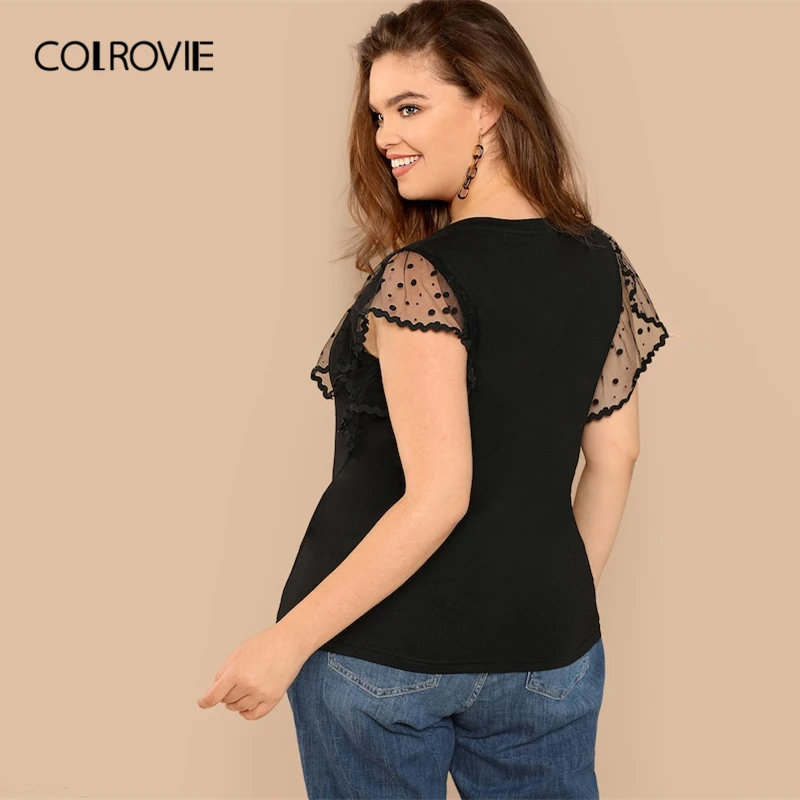COLROVIE Plus Size Black Mesh Contrast Flutter Sleeve V-Neck Casual T-Shirt Women Tops 2019 Spring Short Sleeve Elegant Tee COLROVIE Plus Size Black Mesh Contrast Flutter Sleeve V-Neck Casual T-Shirt Women Tops 2019 Spring Short Sleeve Elegant Tee