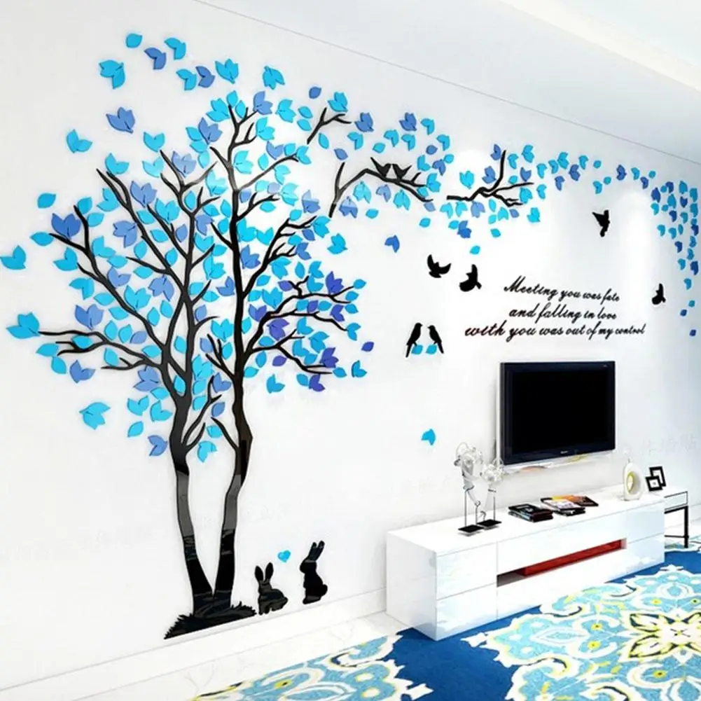 3D дерево птица шаблон самоприлипание акриловая Наклейка на стену для гостиной ТВ фон Декор - Цвет: Sky blue