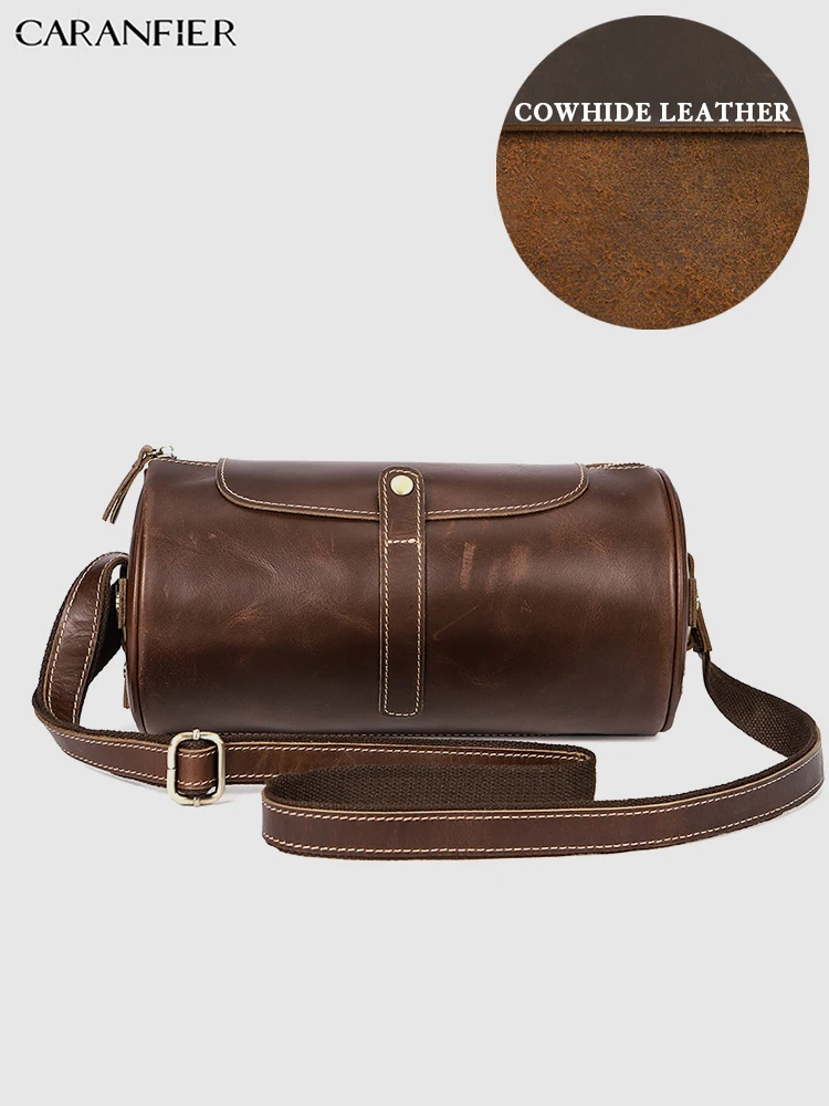 

CARANFIER Mens Shoulder Bag Genuine Cowhide Leather High Quality Briefcase Handbag Business Vintage Travel Cylindrical Messenger
