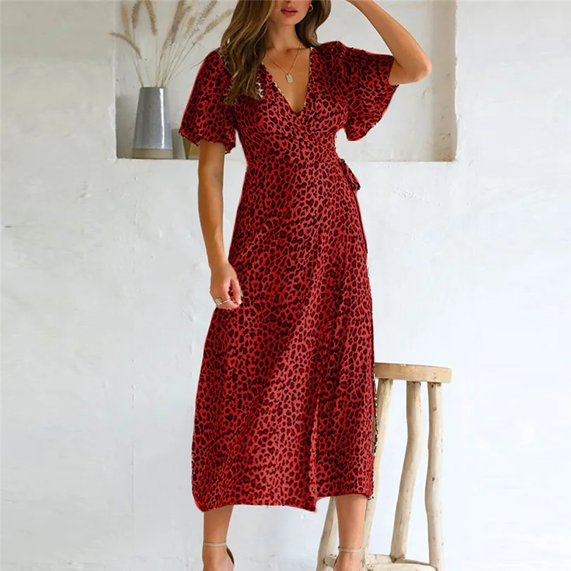 New Women Leopard Bohemian Long Dress 2019 Summer Sexy Deep V-neck Short Sleeve Long Maxi Party Beach Dress #E10 (17)