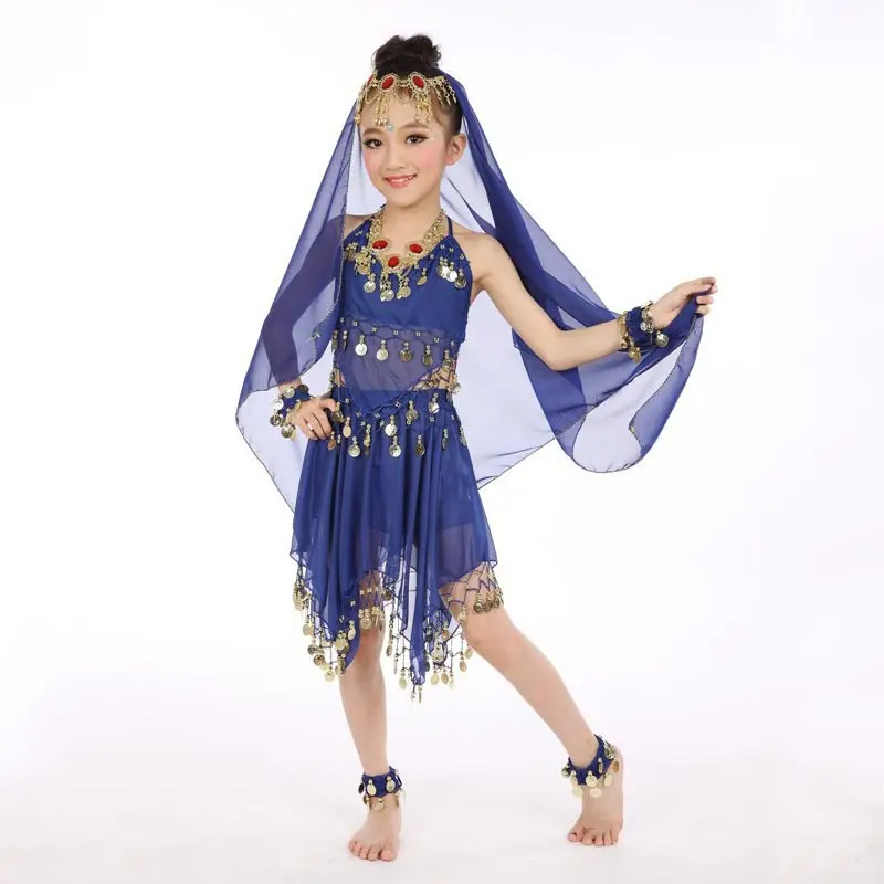 Детское индийское танцевальное платье для девочек танцевальные костюмы для живота одежда для занятий Танцем Живота 5 шт. комплект с Coinsdancing аксессуары - Цвет: royal blue 5 pcs set