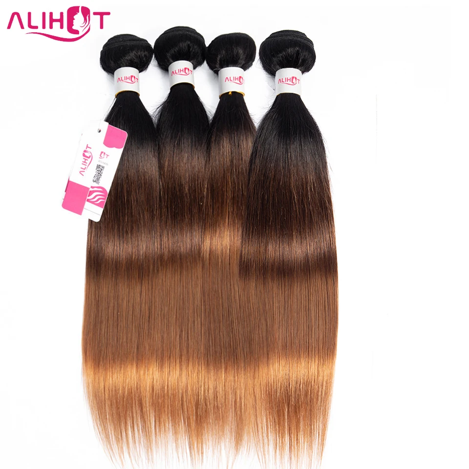 Ali Hot Straight Hair Bundles Human Hair Bundles Brazilian Hair Weave Bundles Pre-Colored Remy Hair 4Pcs #1b/4/30 Color