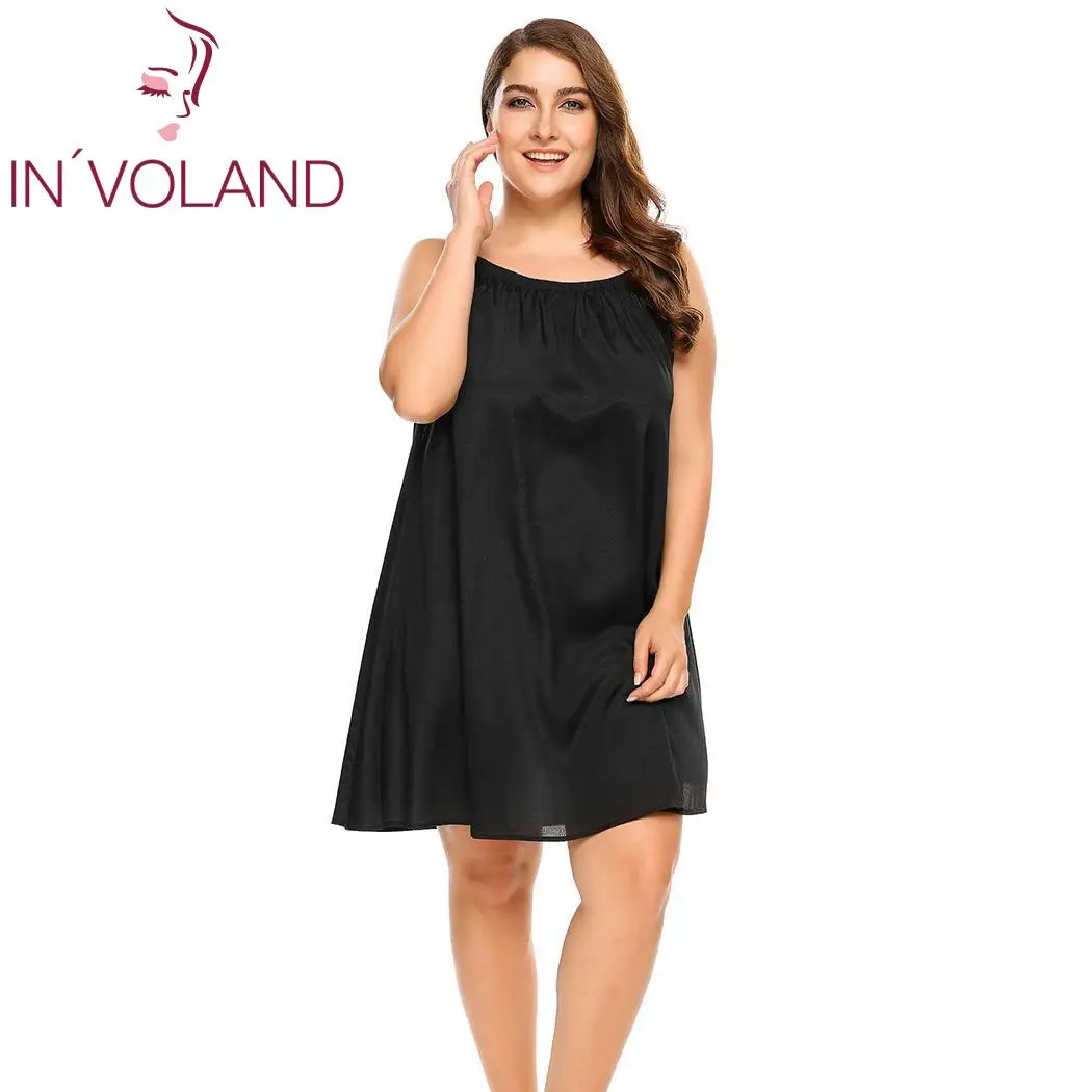 

IN'VOLAND Plus Size Sleepwear Split Lace Satin Chemises Nightgown Solid Spaghetti Strap Home Dress Patchwork Nightwear L-4XL