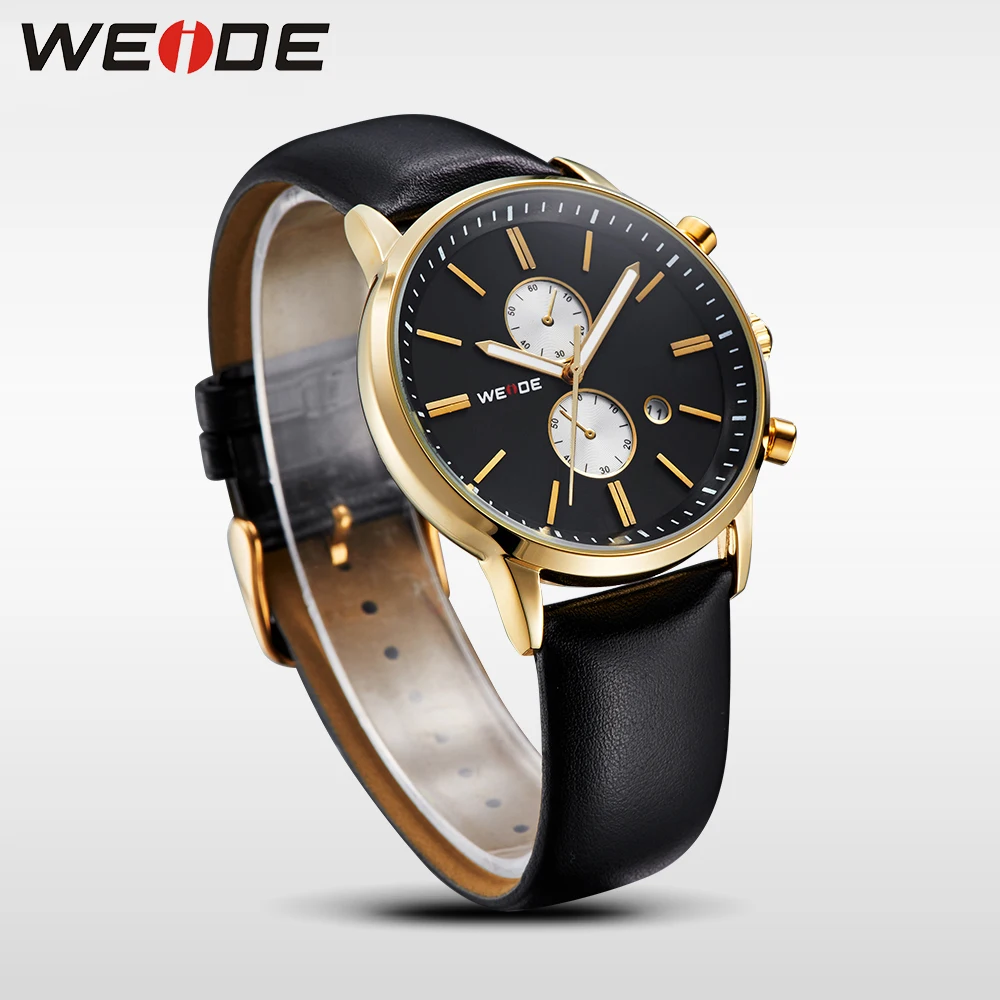WEIDE Brand Business Casual Black Gold Watch Men Genuine Leather Strap Japan Quartz Movement Calendar 3ATM Waterproof Wristwatch