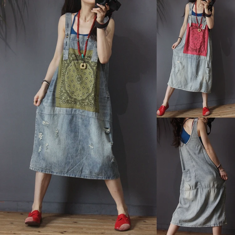

Summer Women Casual All-match Loose Plus Size Vintage National Trend Print Patchwork Bleached Hole Denim Spaghetti Strap Dresses