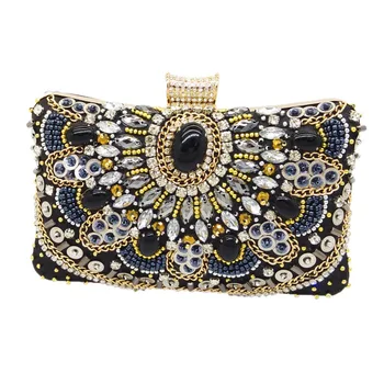 

Vintage Women Black Beaded Evening Clutch Bags Ladies Box Metal Clutches Wedding Cocktail Party Purses and Handbags