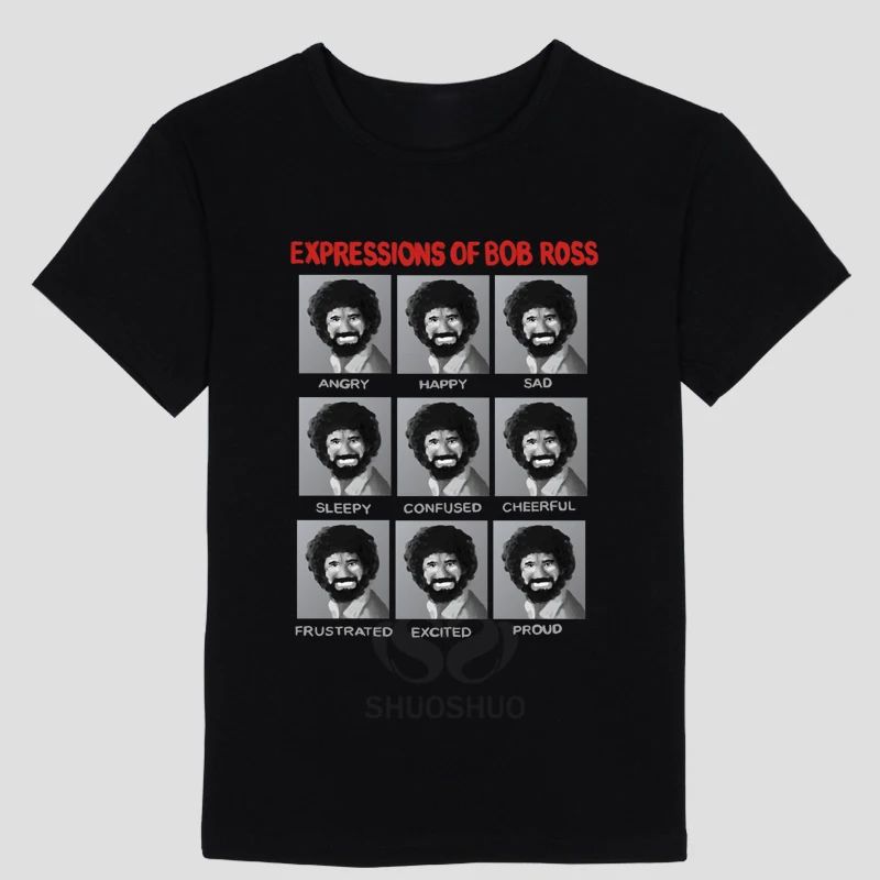 Murah Mode Amerika minyak pelukis Bob Ross T Shirt Musim Panas Kreatif Bahagia Pohon Desain T Shirt pria Hipster Keren Tops Tee
