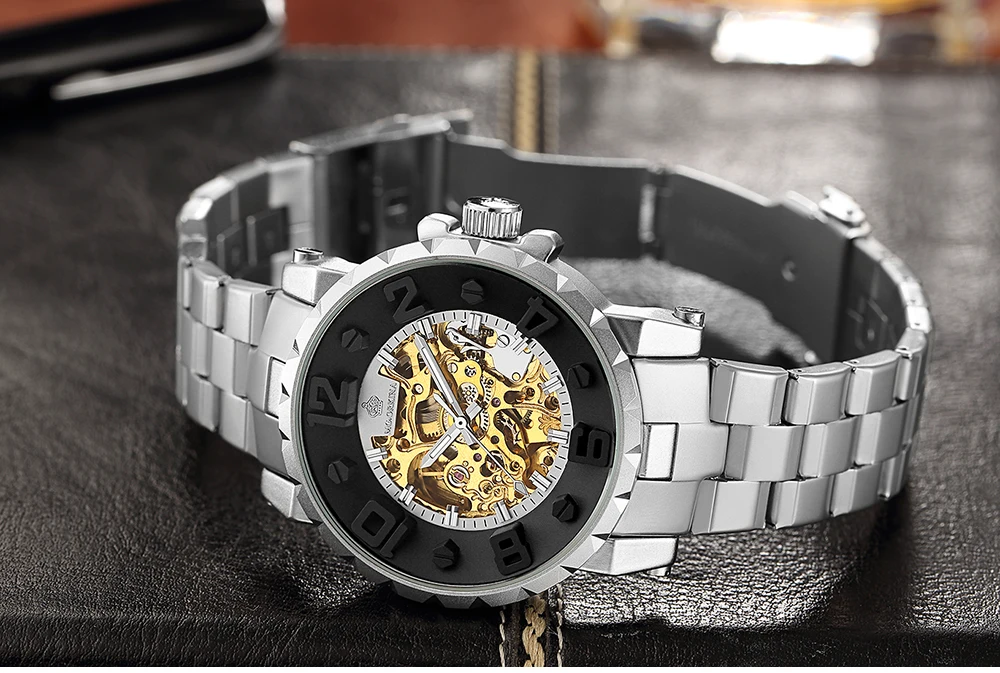 MG. ORKINA Men Wristwatch Golden Skeleton Clock Mechanical Male Wrist Watch Black Relogio Masculino Automatic Zegarek Meski