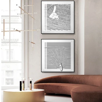 

Nordic style black and white lines kitten Canvas Painting Cute Poster Print For Living Room Dining Room Bedroom Wall Art Picture
