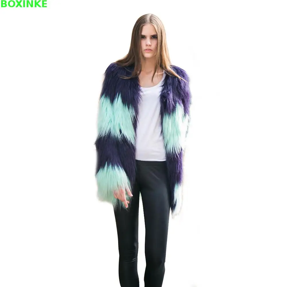 

Fur Coat Jacket Top Fashion Limited Full Wide-waisted O-neck Vest Imitation Dress Hair And Dark Stitching Fluorescent Color