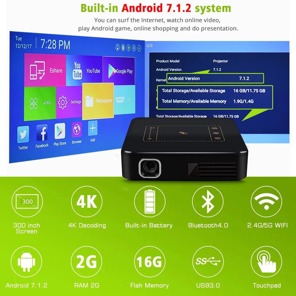 ThundeaL Android 7.1 Projector T20 Pico DLP Projector Touch Pad WIFI Bluetooth Mini Beamer 8000mAh Battery Projetor Home Theater