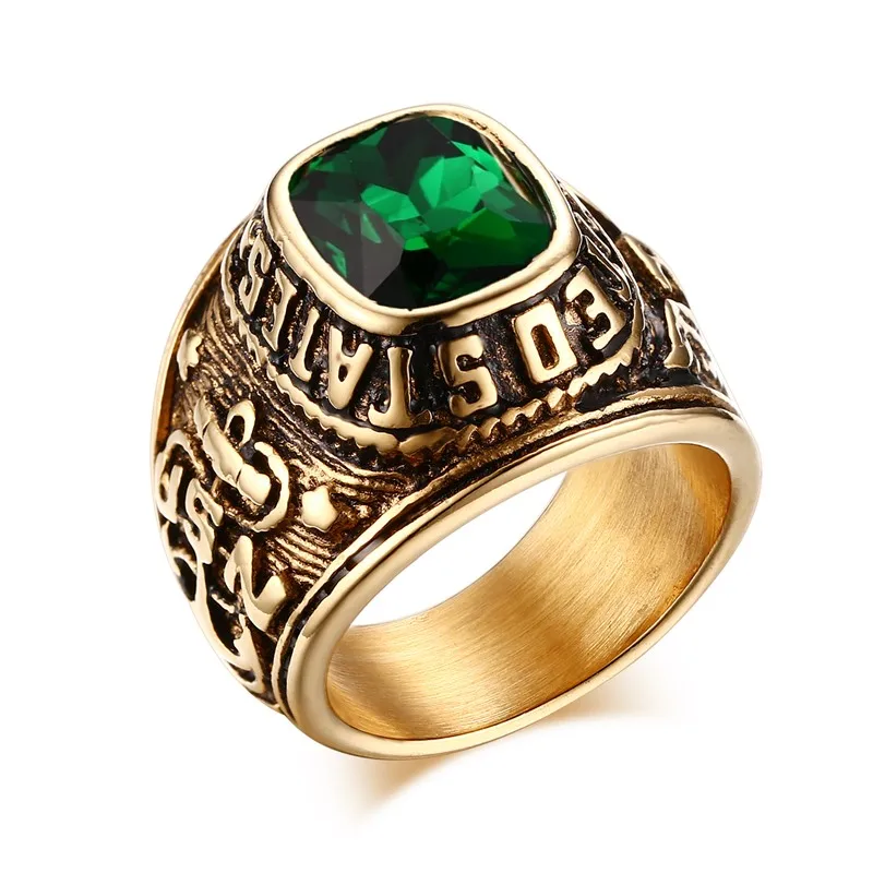 Винтажные армейские кольца золотого цвета, CZ камень, нержавеющая сталь, Орел, мужские ювелирные изделия - Цвет основного камня: Зеленый