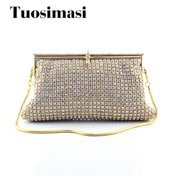 

Golden Rhinestones Women Crystal Clutch Evening Bags Wedding Party Bridal Chains Shoulder Bag Metal Mesh Clutches Soft Handbags