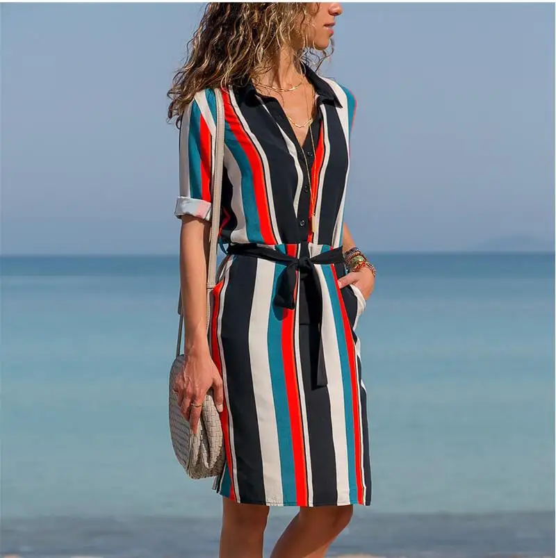 

Dresses Long Sleeve Shirt Dress Summer Chiffon Boho Beach Dresses Women Casual Striped Print A-line Mini Party Dress Vestidos