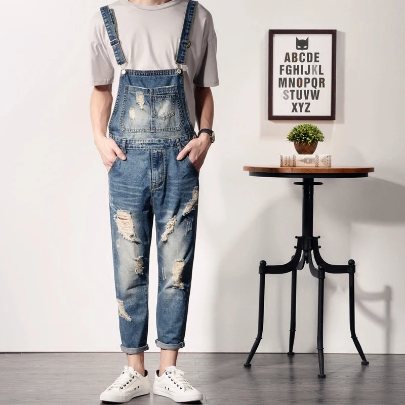 Men s casual Summer Vintage Wash big Ripped Holes bib overalls Mall denim jumpsuits Cargo pants