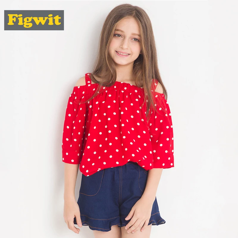Buy Figwit Kids Girls Slash Neck Strap Blouse Top Tee Red Polka Dot Loose Top
