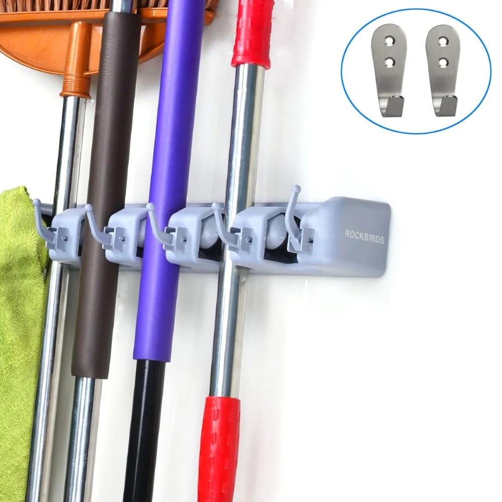 

Hausbell Mop and broom rack wall-mounted garden storage rack 5 positions with 6 hooks for garage garden kitchen laundry