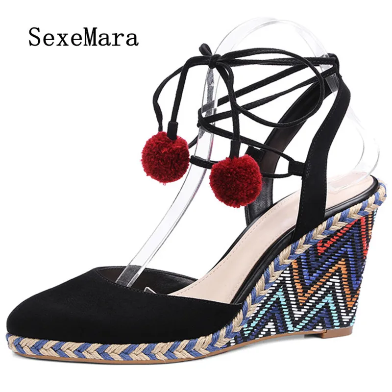 

SEXEMARA Ankle Strap Sandals Woman Wedges Ladies Sandals 2017 New Girl Straw Nubuck Leather Leisure Fashion Summer Women Sandals