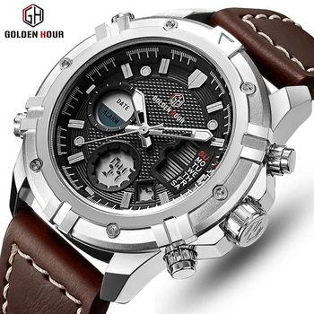 

GOLDENHOUR 2019 Top Luxury Brand Fashion Men waterproof Sport Watch LCD Analog Leather Digital Watch Clock relogio masculin