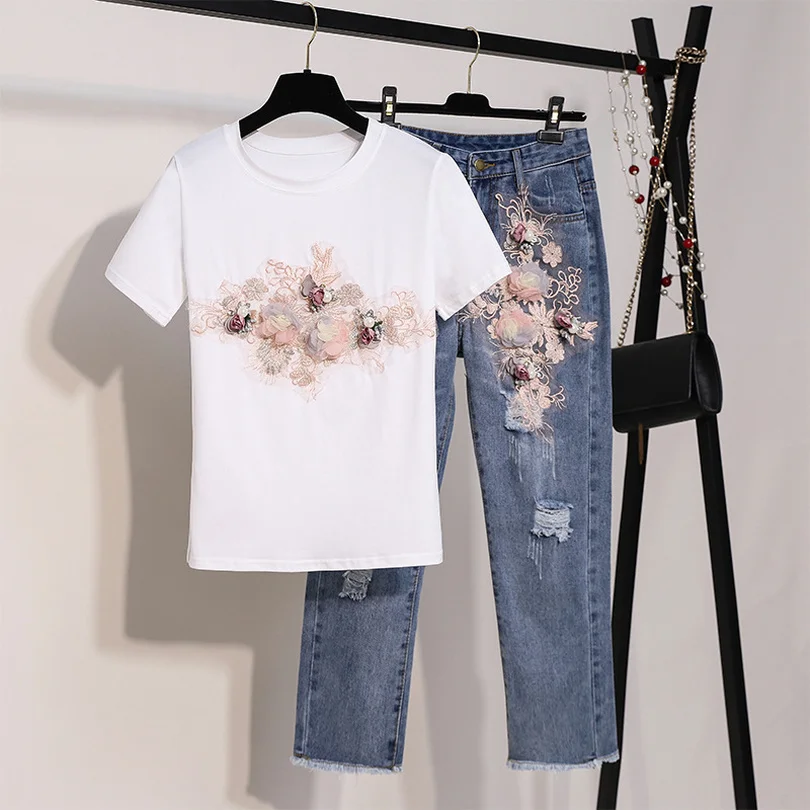 

MVGIRLRU Heavy Work Embroidery Flower Denim Pant Suits Short Sleeve T-Shirts and Pencil Jeans Women Summer 2pcs Sets