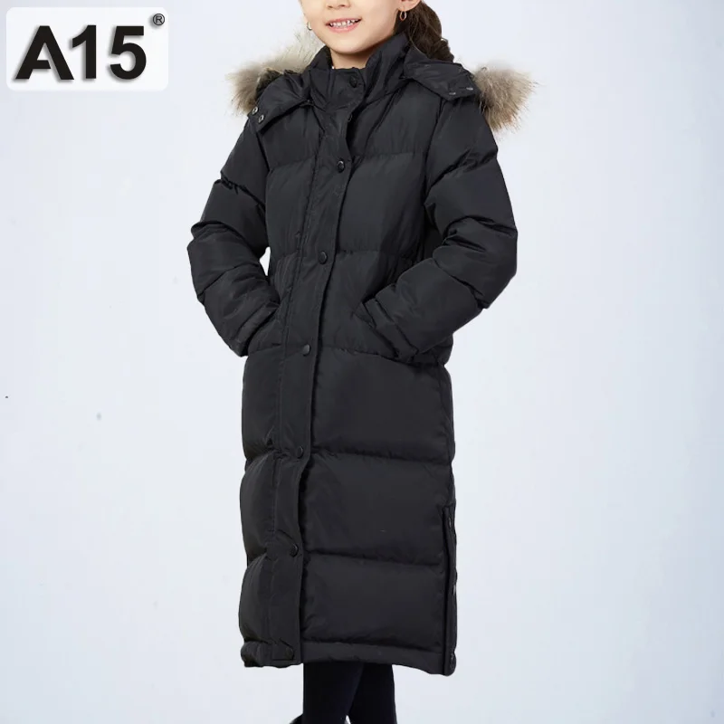 Зимняя куртка для девочек, детская длинная теплая зимняя куртка с меховым капюшоном пальто для девочек парка для девочек-подростков пуховое пальто для детей возрастом 10, 12, 14 лет - Цвет: W18-1Black