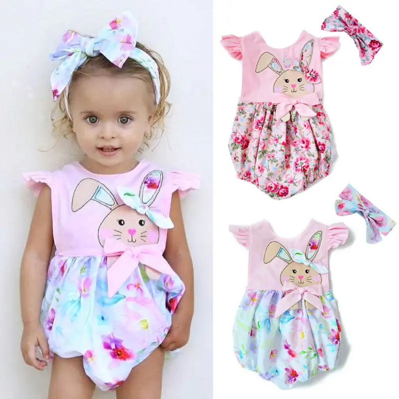 

Easter Newborn Baby Girls Floral Bunny Rabbits Print Lovely Short Petal Sleeve Covered Button Romper Headband 2PCS 2 Style