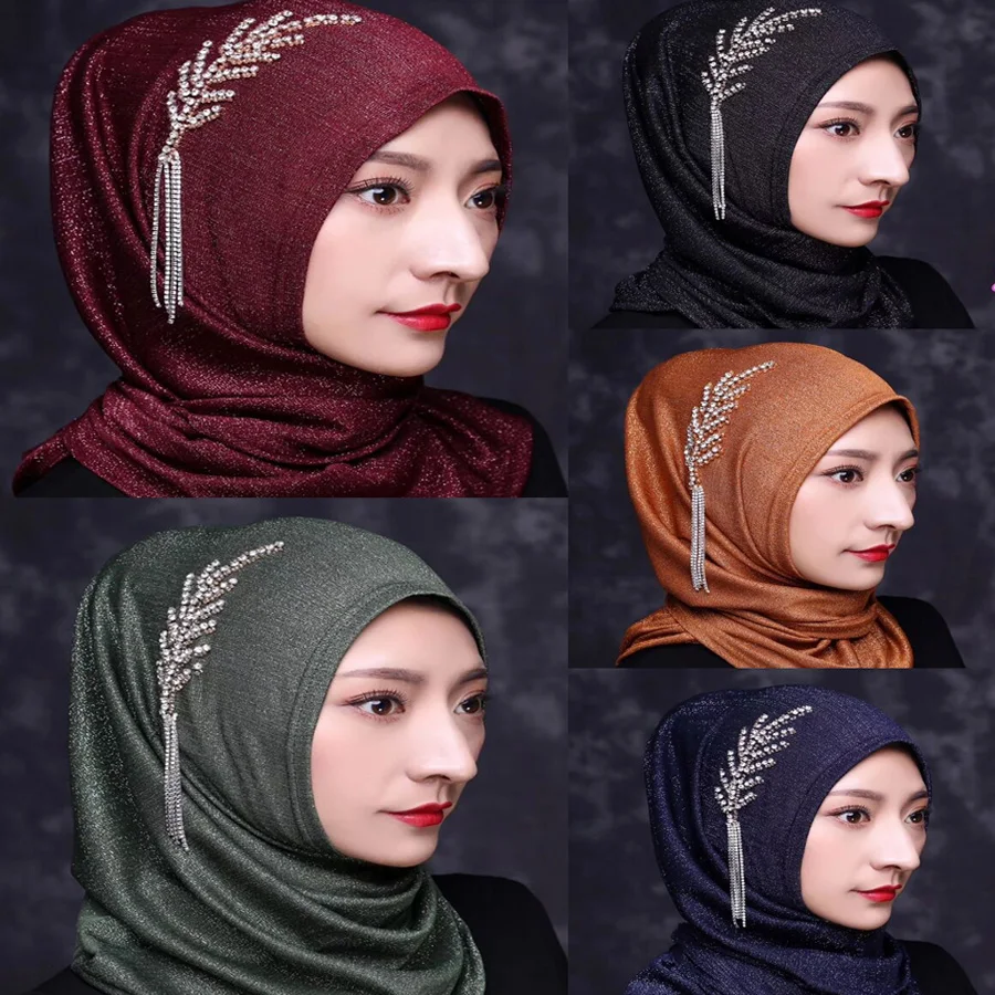 

head scarf shimmer one piece easy hijab slip on amira hijeb with rhinestone dangling chains stretchy khaleeji wrapscarf